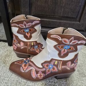 Brown and Cream Embroidered Western Boots